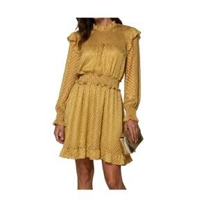 Walter Baker Mercy Ruffle Dress Gold Mustard Chevron Smocked Mock Neck Size M